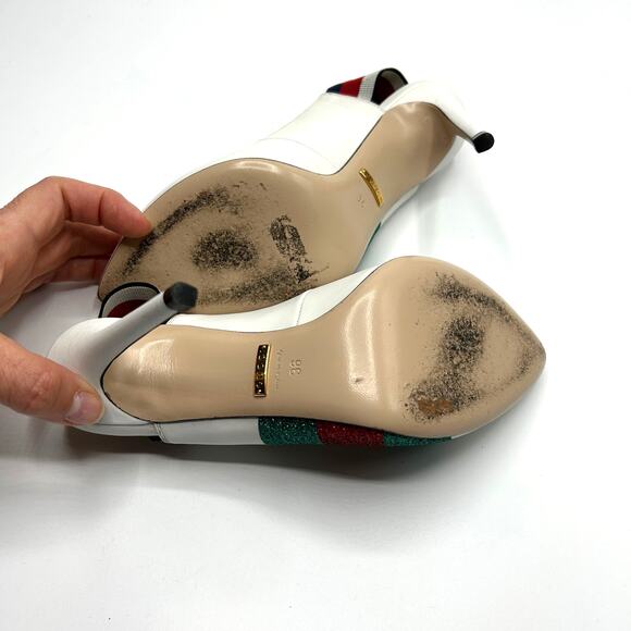 Gucci Sylvie Web Slingback Heels White Leather Glitter EU 36 - Picture 13 of 13